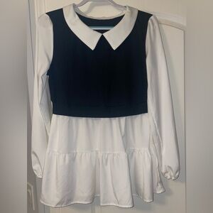 Women’s Color Block Contrast Long Sleeves Collar Blouse Top Black-And-White (L)